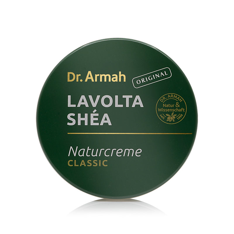 Ein Tiegel der Dr. Armah Lavolta Shéa Naturcreme Classic, eine reichhaltige, feste Creme aus 100% Sheabutter für sehr trockene und empfindliche Haut.