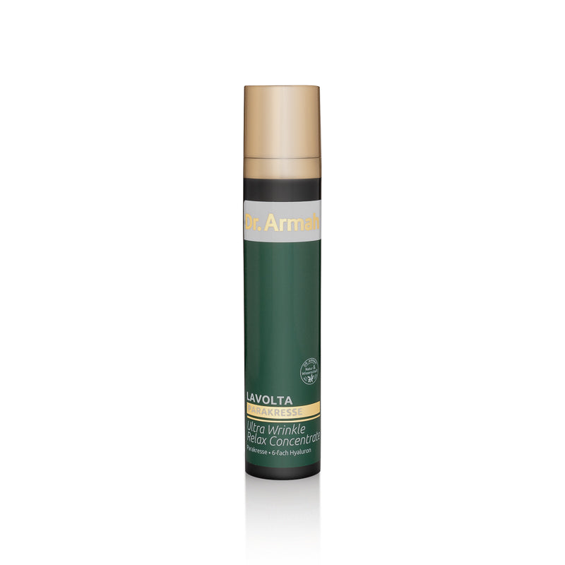 Eine Flasche des Parakresse Ultra Wrinkle Relax Concentrate, ein hochkonzentriertes Anti-Falten-Serum mit 6-fach Hyaluron für einen glättenden und aufpolsternden Effekt.
