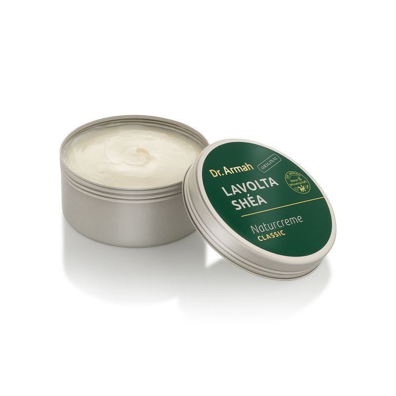 Ein Tiegel der Dr. Armah Lavolta Shéa Naturcreme Classic, eine reichhaltige, feste Creme aus 100% Sheabutter für sehr trockene und empfindliche Haut.