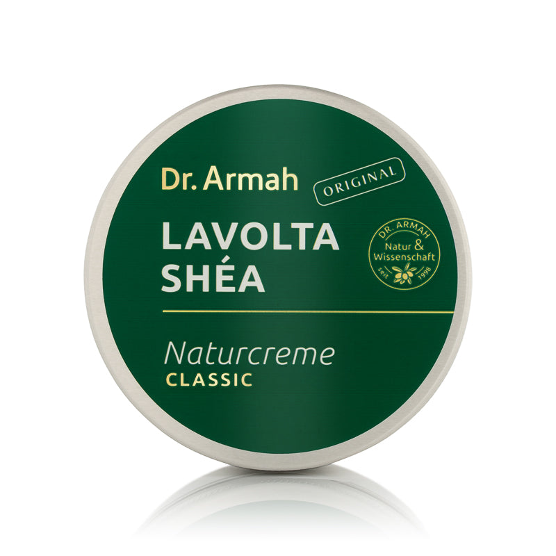 Ein Tiegel der Dr. Armah Lavolta Shéa Naturcreme Classic, eine reichhaltige, feste Creme aus 100% Sheabutter für sehr trockene und empfindliche Haut.