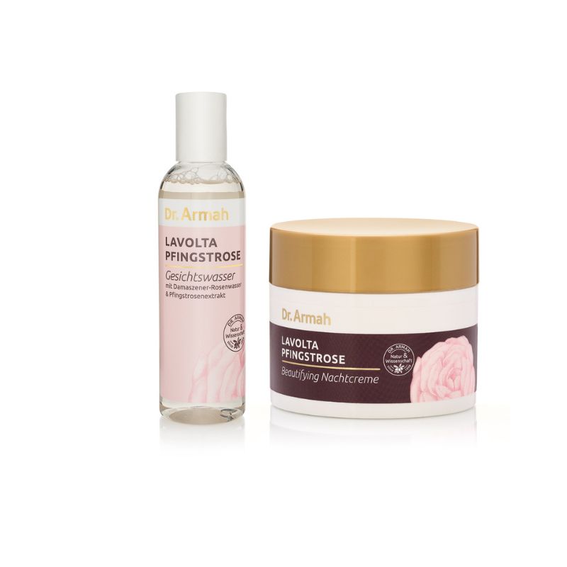 Das Pfingstrose Anti-Aging Set, eine Kollektion von Hautpflegeprodukten mit Pfingstrosen-Extrakt zur Förderung eines jugendlichen und strahlenden Hautbildes.