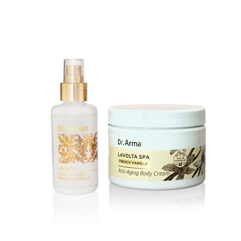 Das Dr. Armah Lavolta Duftset, bestehend aus einem Flakon "French Vanilla" Eau de Parfum und einem Tiegel passender Vanilla Body Cream, stilvoll präsentiert auf einem neutralen Hintergrund.