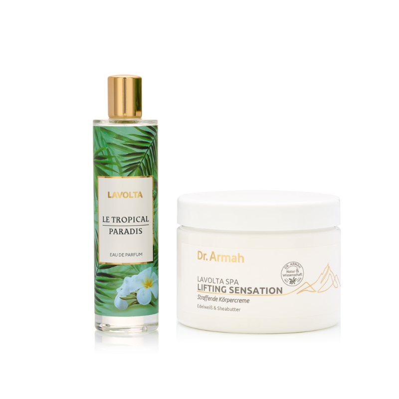 Das Dr. Armah Lavolta Set, bestehend aus dem Eau de Parfum "Le Tropical Paradis" und einer Lifting Körpercreme, präsentiert als luxuriöses Duo für Duft und Körperpflege.