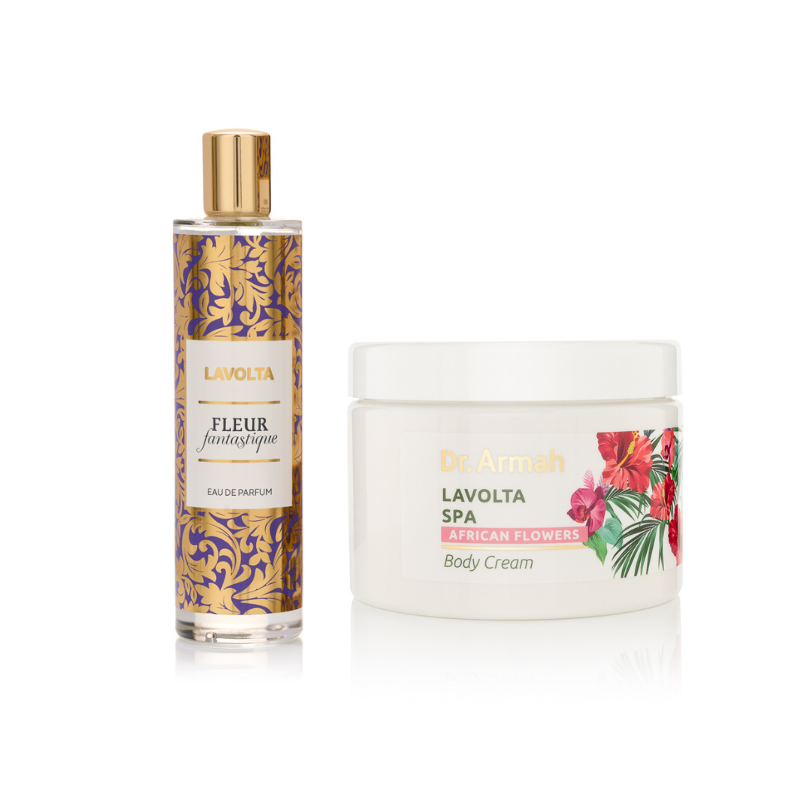 Das Dr. Armah Lavolta Set, bestehend aus einem Flakon des Eau de Parfum "Le Tropical Paradis" und einem Tiegel der "African Flowers" Körpercreme.