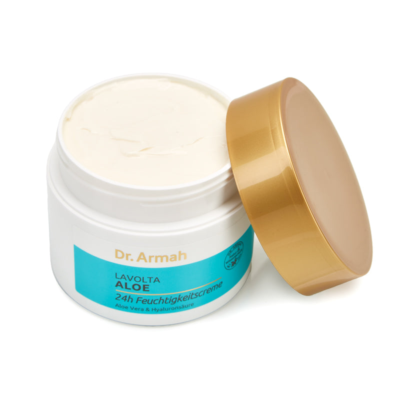 Ein 200ml Tiegel der Lavolta Shea & Aloe Feuchtigkeitscreme, eine tiefenwirksame Feuchtigkeitspflege für Gesicht und Körper bei trockener, empfindlicher Haut.