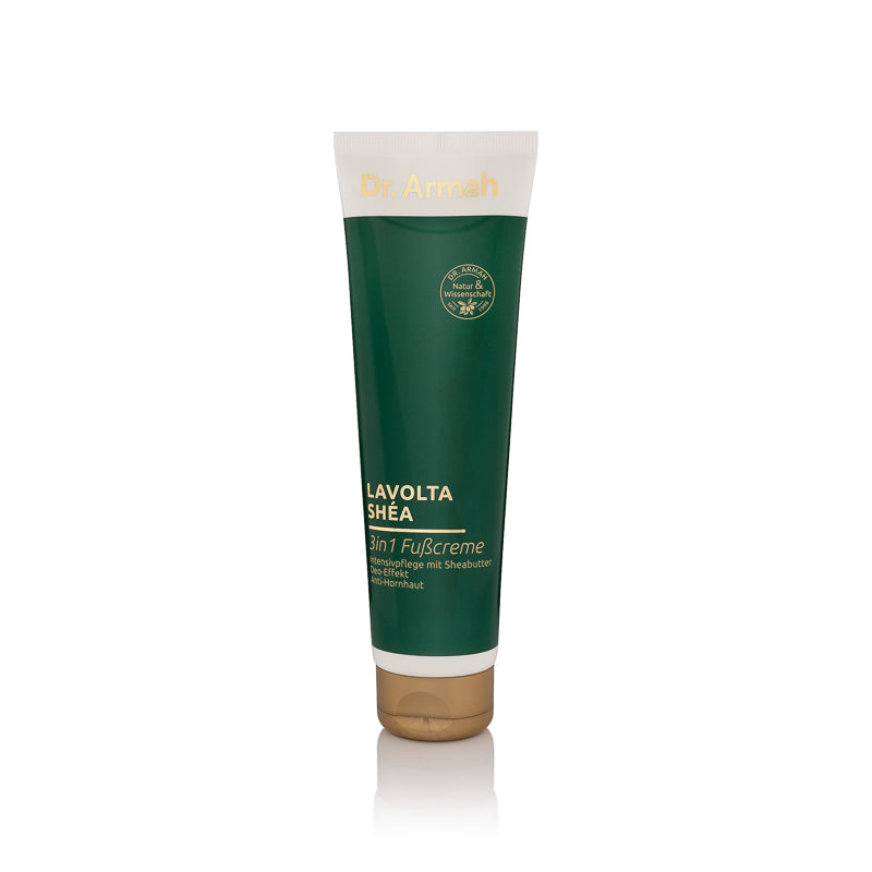 Eine Tube der Shea 3-in-1 Fußcreme, eine multifunktionale Pflege zur Reduzierung von Hornhaut und als Fuß-Deo.