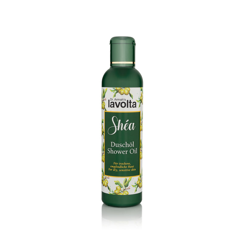 Eine Flasche des Shea Duschöls für trockene Haut, eine nährende Duschpflege mit Sheaöl und Vitamin E zur intensiven Feuchtigkeitsversorgung.