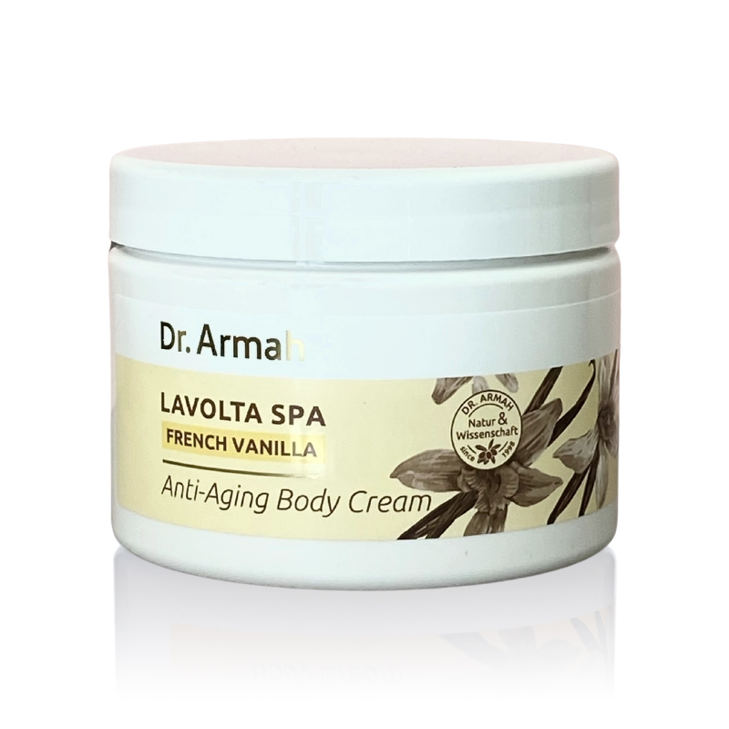 Ein 500ml-Tiegel der Spa French Vanilla Anti-Aging Körpercreme, eine reichhaltige und straffende Pflege mit Vanilleduft.