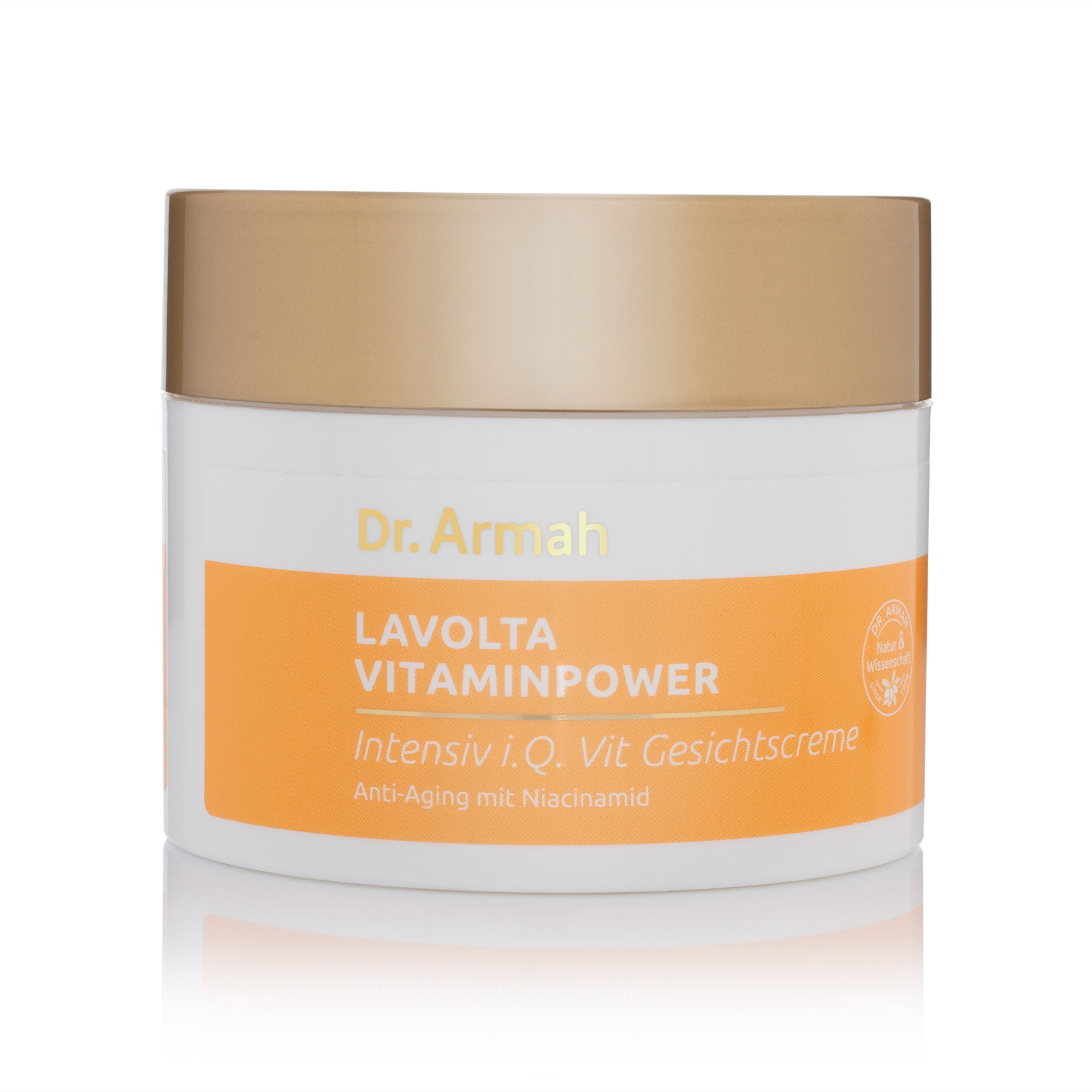 Ein Tiegel der Dr. Armah i.Q. Vit Gesichtscreme, eine multi-funktionale Vitamin-Pflege mit Niacinamid und pflanzlichem Retinol-Ersatz.